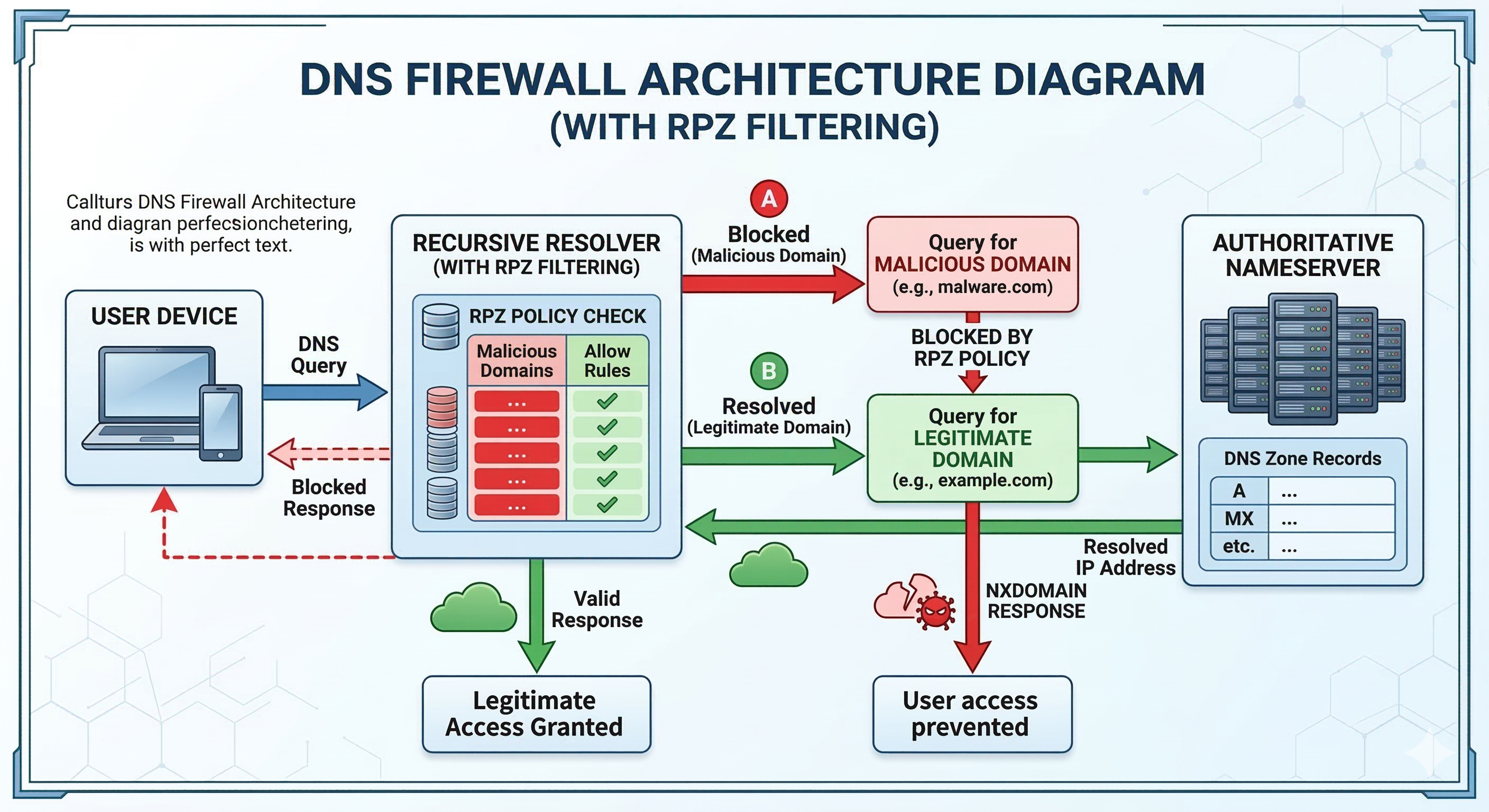 DNS firewall architecture showing RPZ blocking malicious domains