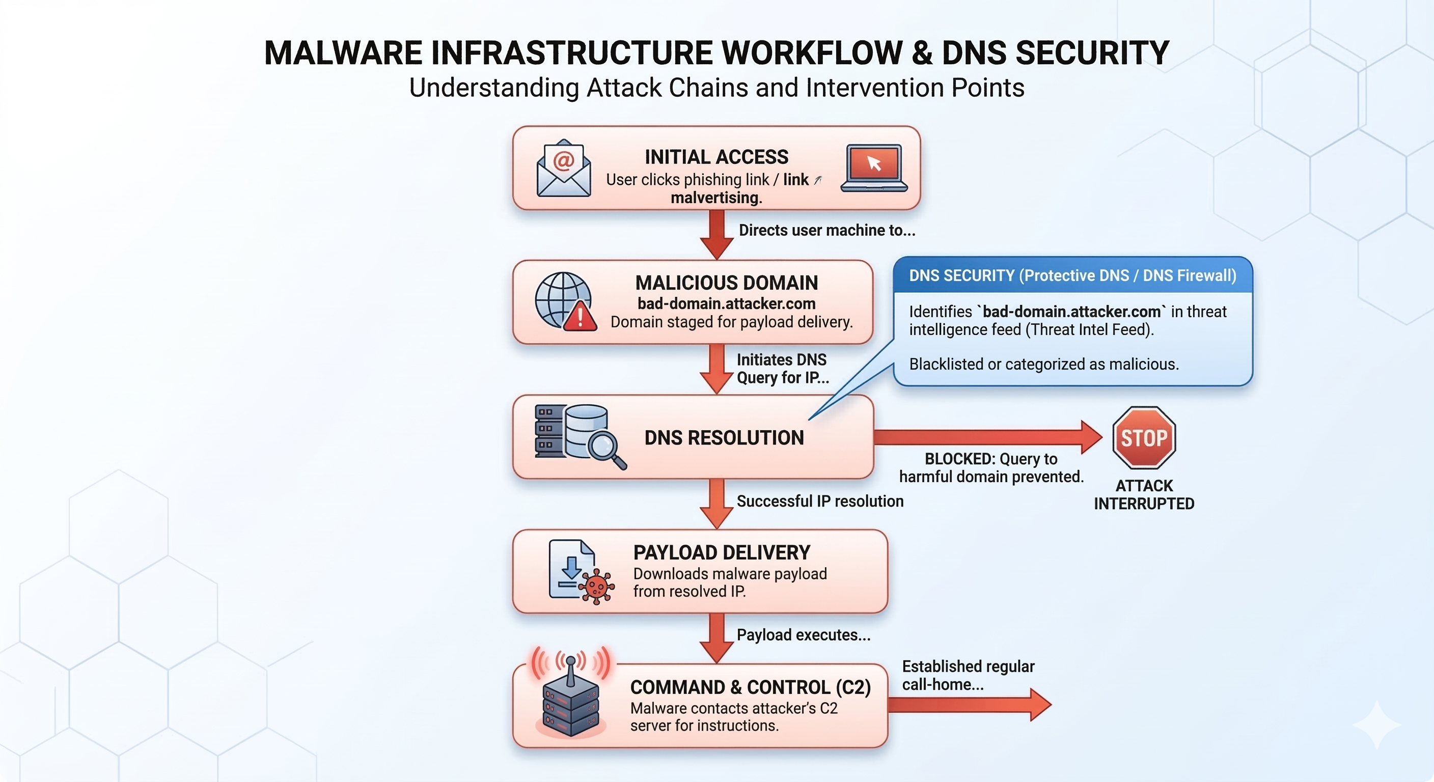 DNS attack chain showing phishing malware download and command and control infrastructure